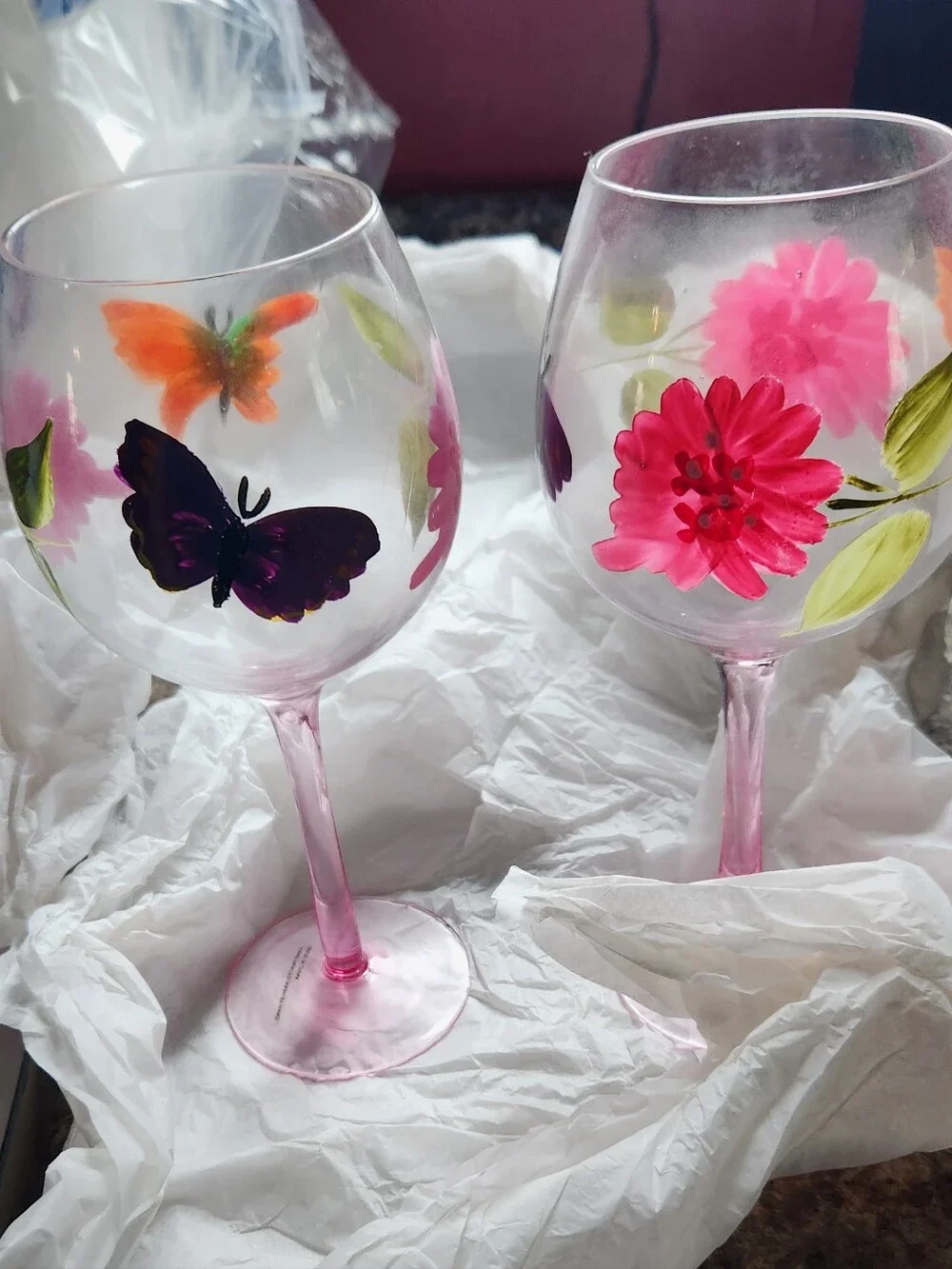 Hand-Painted Pink Stem Wine Glasses (Plus 1 Free), Floral & Butterfly Design